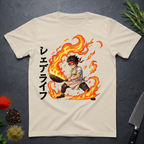 Sand colored t-shirt with a graphic design of an anime character holding wok in flames with Japanese characters on a dark surface.