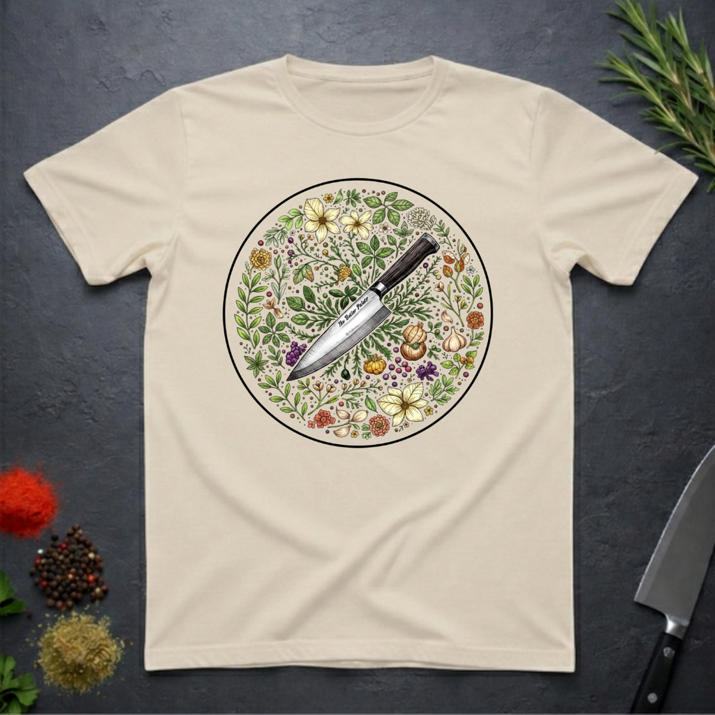 Sand colored t-shirt with a circular knife and colored floral design on a dark surface.