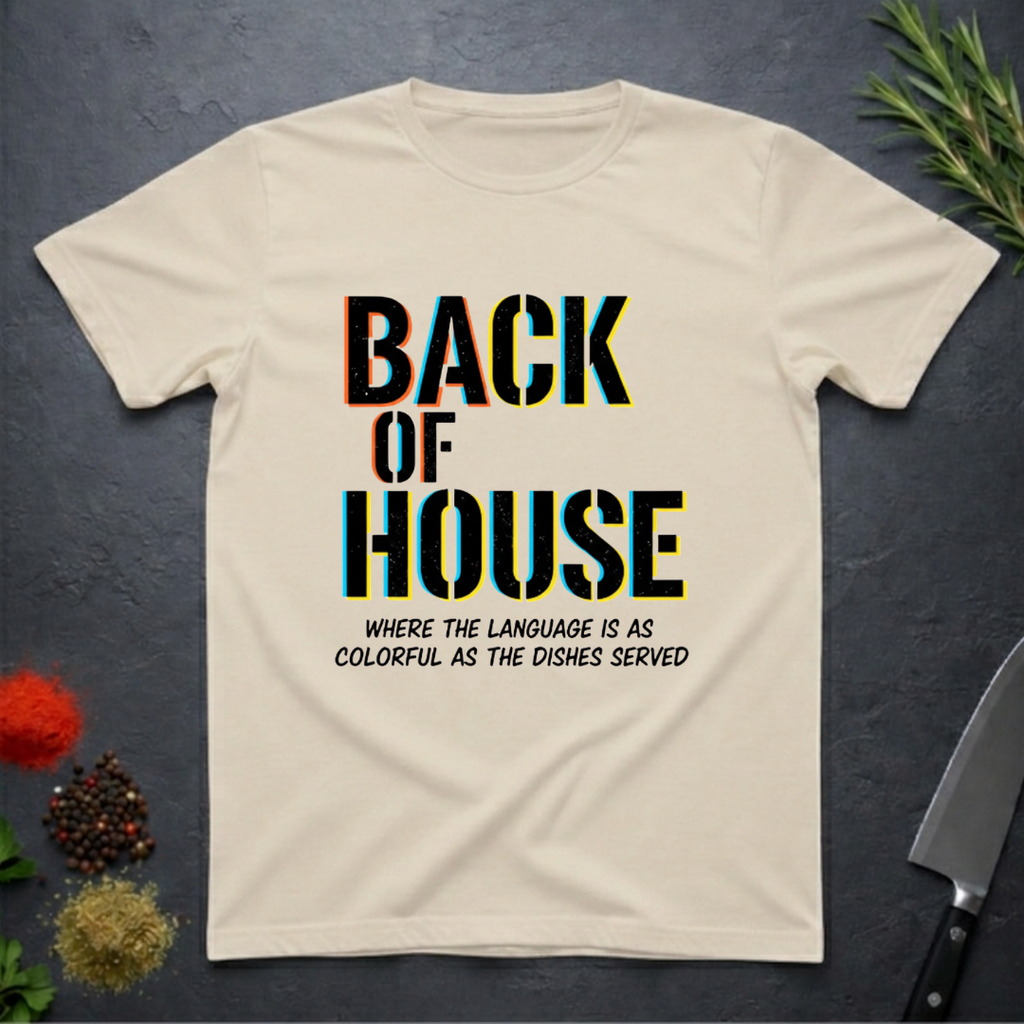 Sand colored t-shirt with 'Back of House' text on a dark surface with kitchen items.