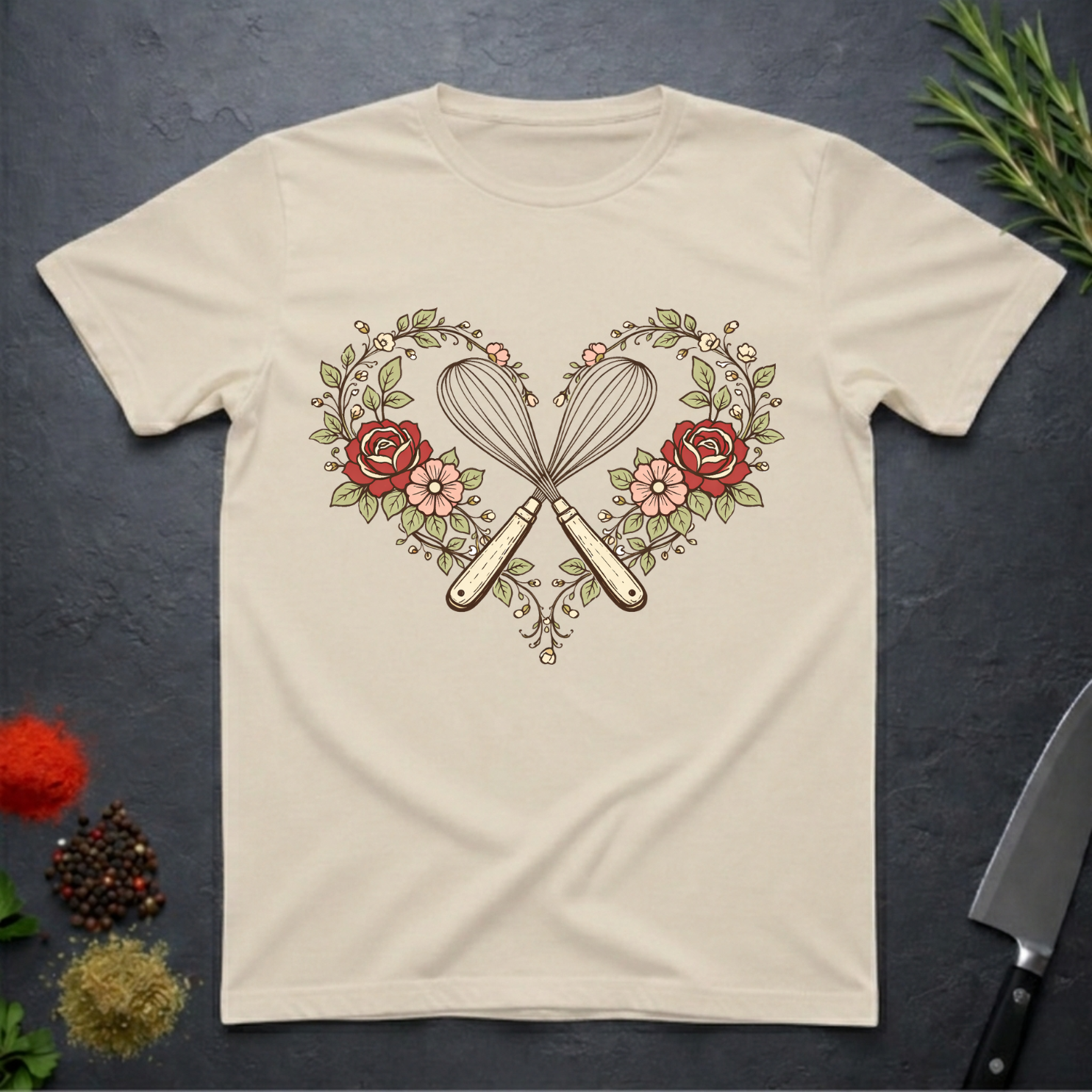 Sand colored t-shirt with a design of crossed kitchen utensils and flowers on a dark surface.