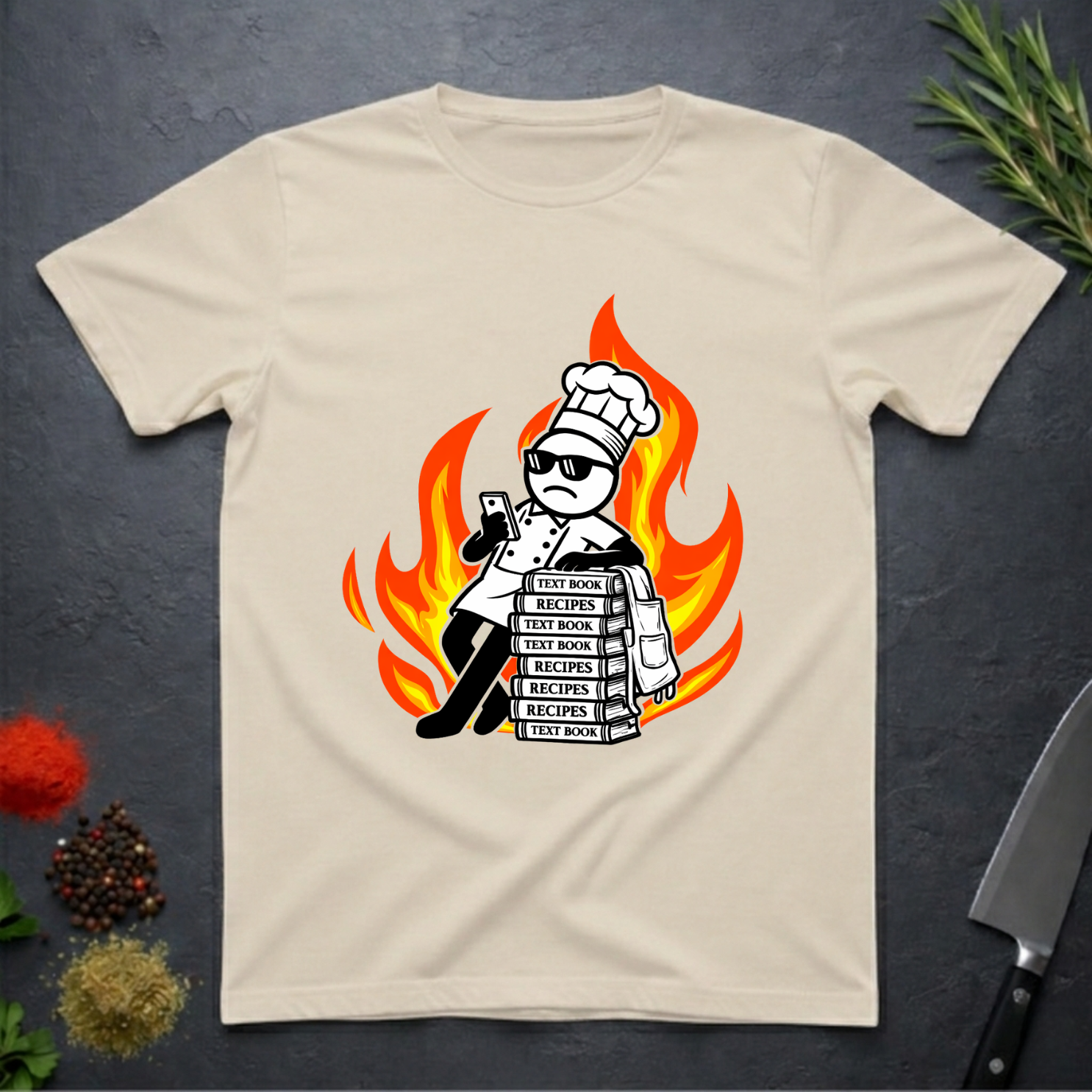 Sand colored t-shirt with a cartoon dead-pan chef leaning on text books with a background of flames on a dark surface.