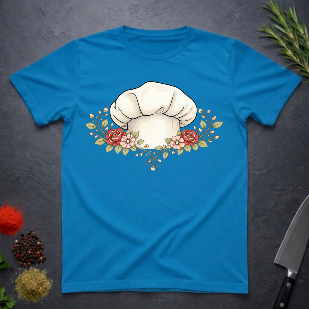 Sapphire Blue t-shirt with a chef's hat and floral design on a dark surface.