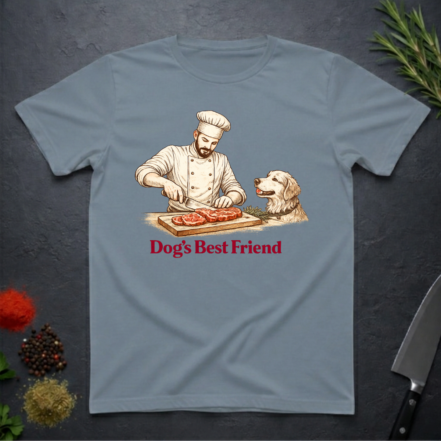 Stone Blue t-shirt with a graphic of a chef and dog cooking, labeled 'Dog's Best Friend', on a dark surface.