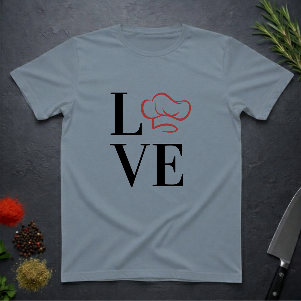 Stone blue t-shirt with 'LOVE' design featuring a chef's hat as the letter O on a dark surface.