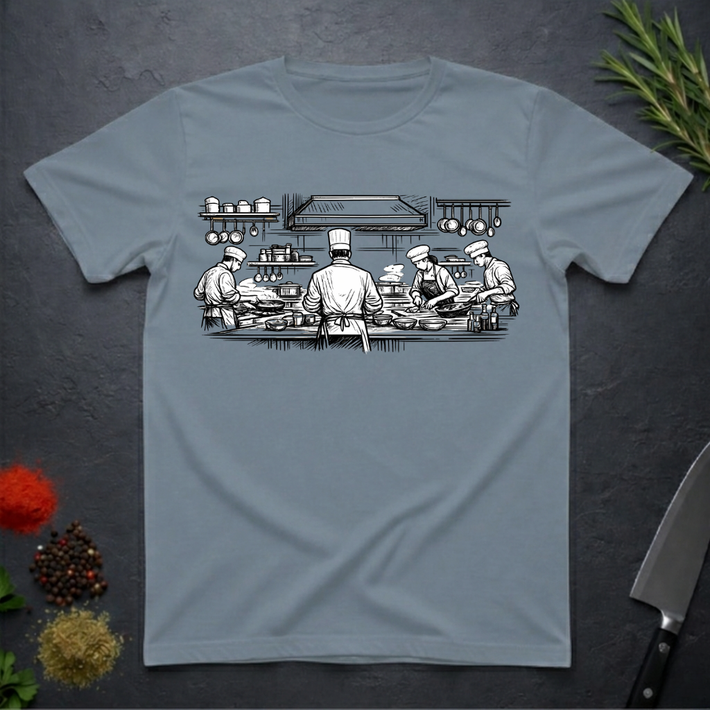 Stone blue t-shirt with black and white graphic of chefs in a kitchen scene on a dark surface.