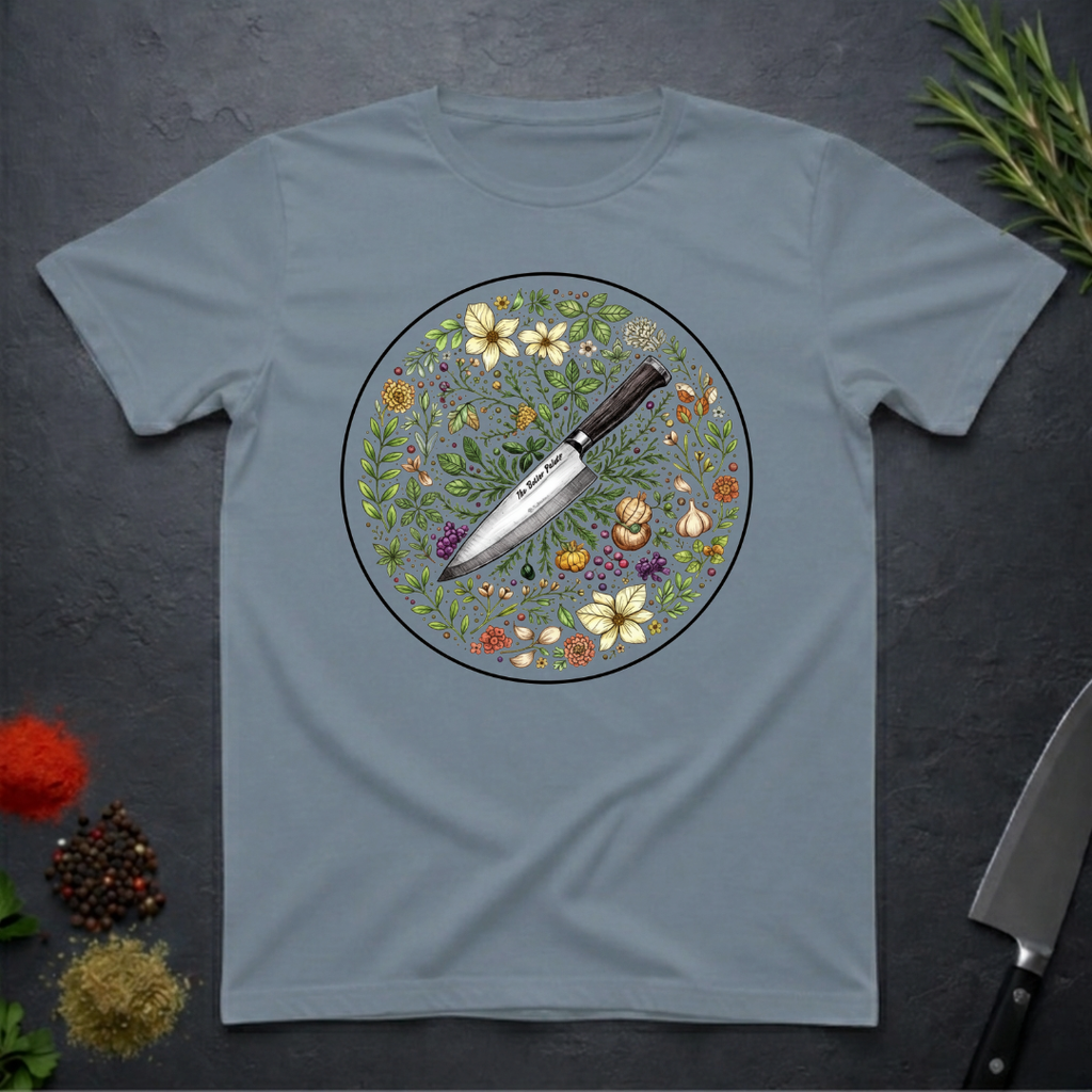 Stone blue t-shirt with a circular knife and colored floral design on a dark surface.