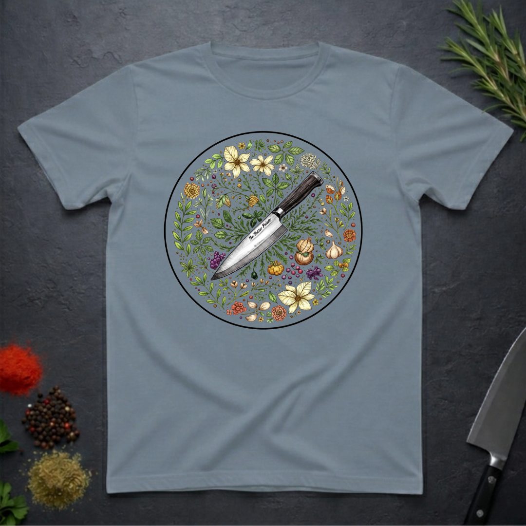 Stone blue t-shirt with a circular knife and colored floral design on a dark surface.