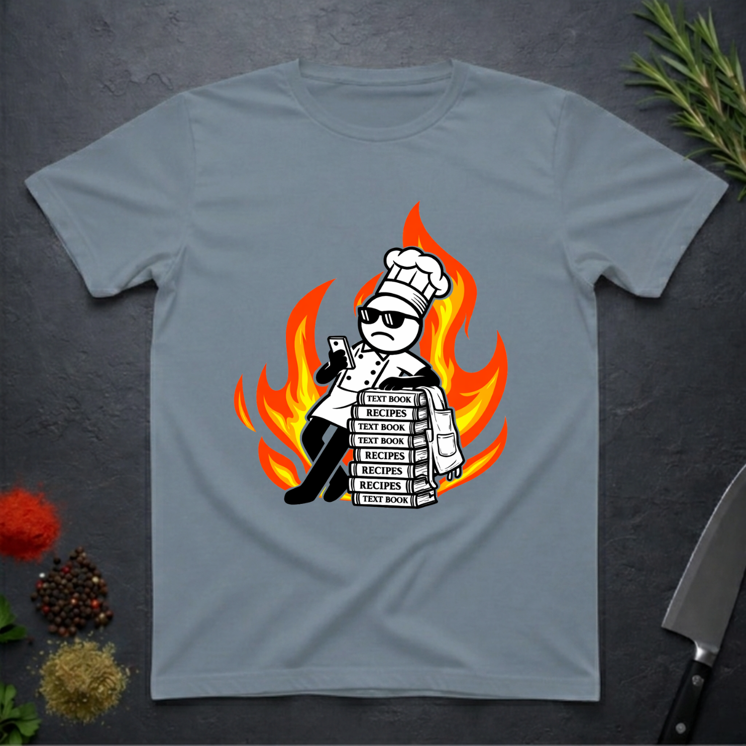 Stone blue t-shirt with a cartoon dead-pan chef leaning on text books with a background of flames on a dark surface.