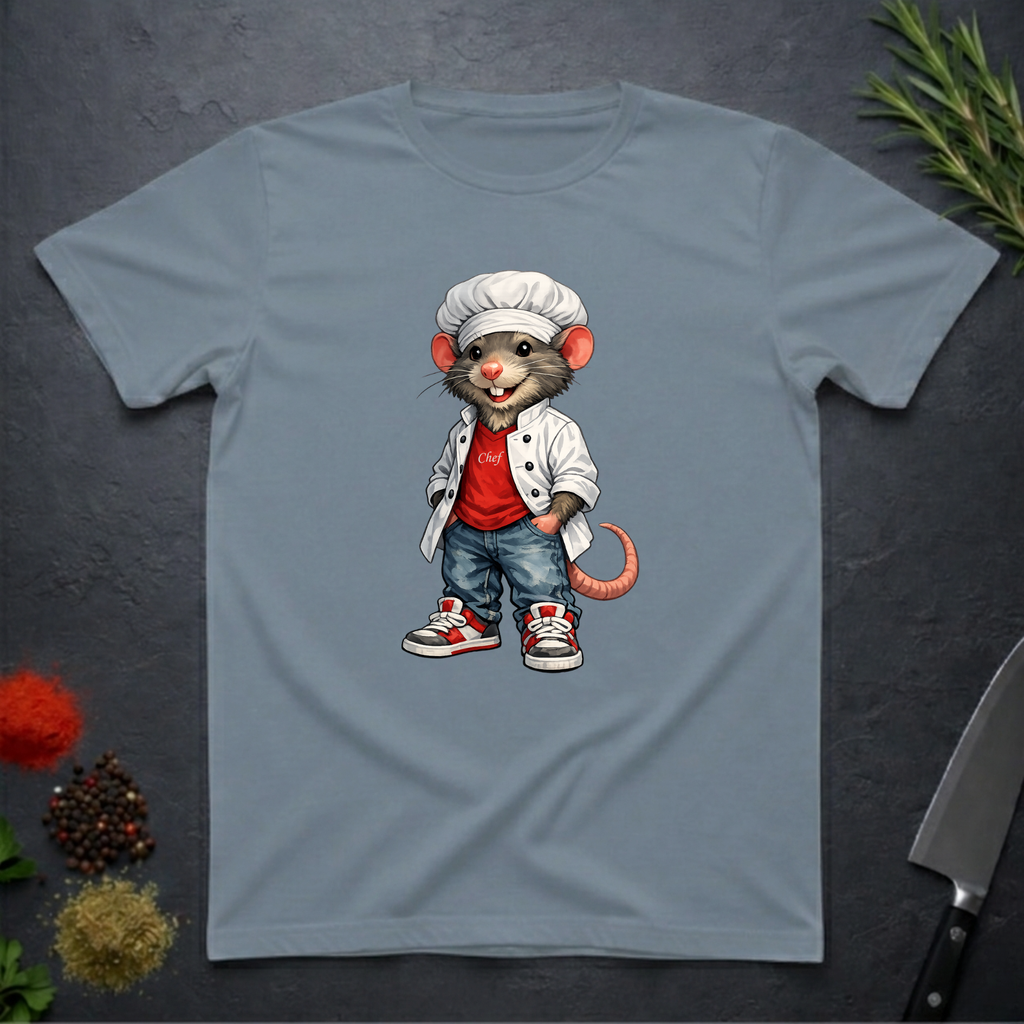 Stone Blue t-shirt with a cartoon mouse wearing a chef's outfit on a dark surface.