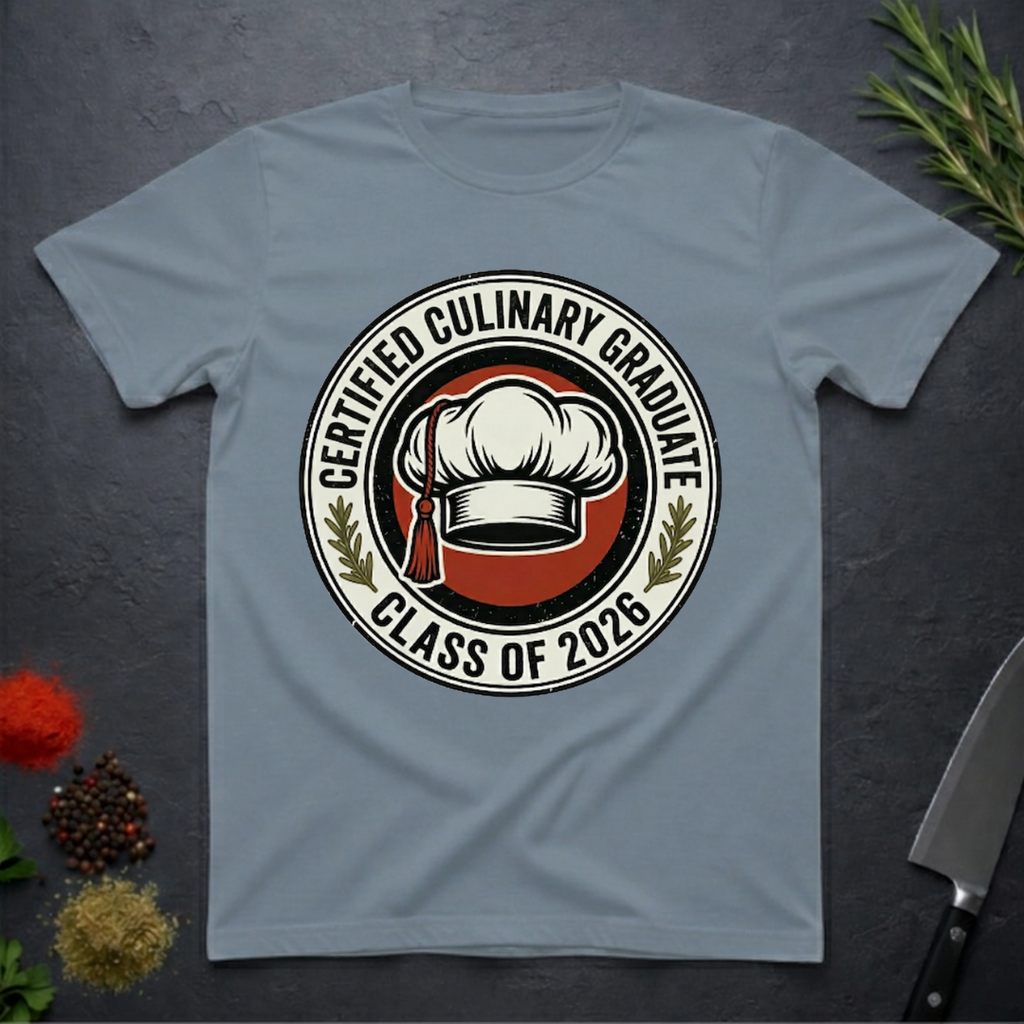 Stone Blue t-shirt with 'Certified Culinary Graduate Class of 2026' design on a dark surface with kitchen items.