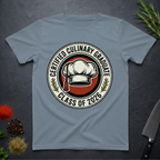 Stone Blue t-shirt with 'Certified Culinary Graduate Class of 2026' design on a dark surface with kitchen items.
