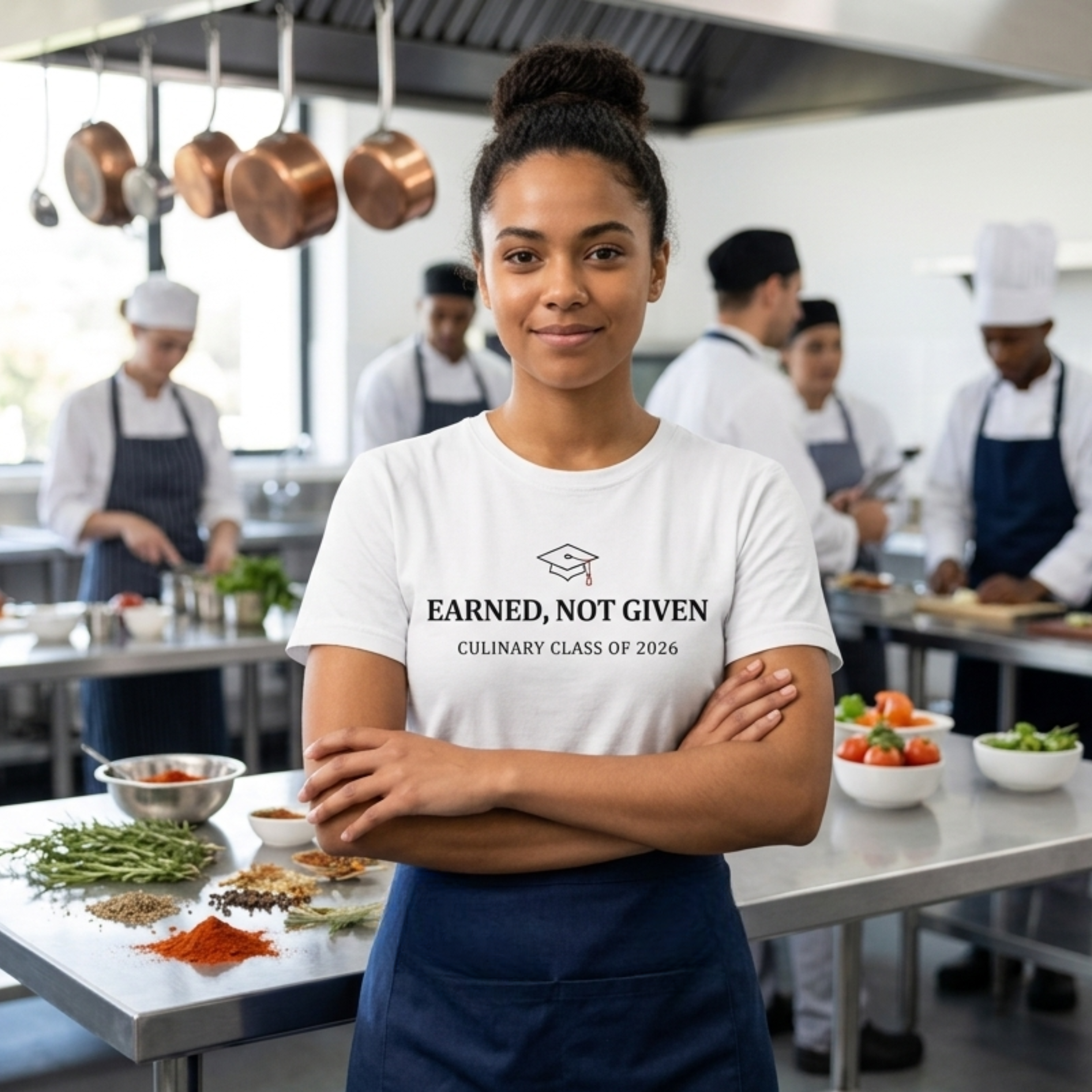Student in a kitchen wearing a shirt with 'Earned, Not Given - Culinary Class of 2026' text, surrounded by cooking equipment and ingredients.