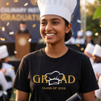 Graduating student wearing a 'GRAD Class of 2026' shirt at a graduation ceremony.