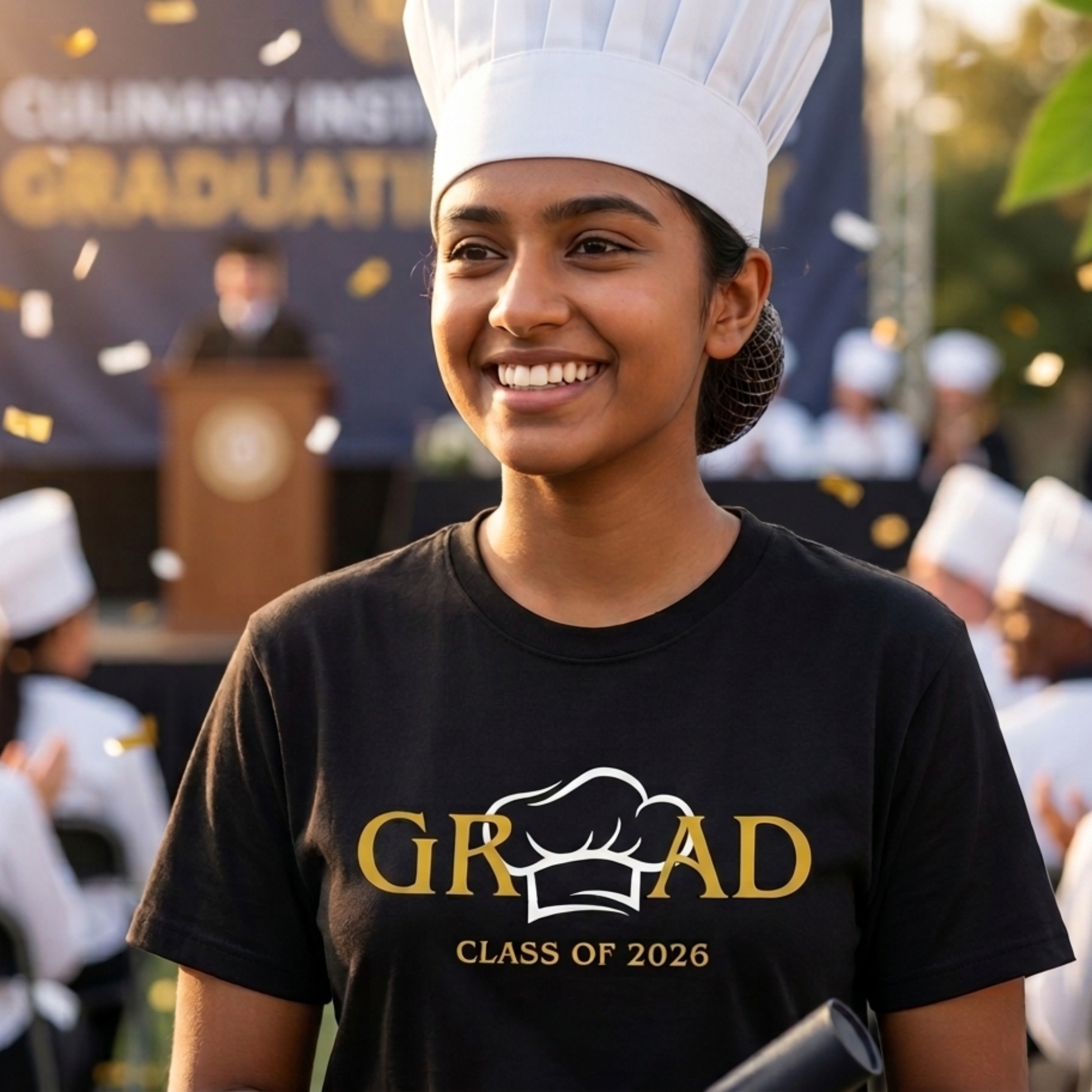Graduating student wearing a 'GRAD Class of 2026' shirt at a graduation ceremony.