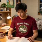 Student wearing a 'Culinary Student' shirt studying in a room with a desk and lamp.