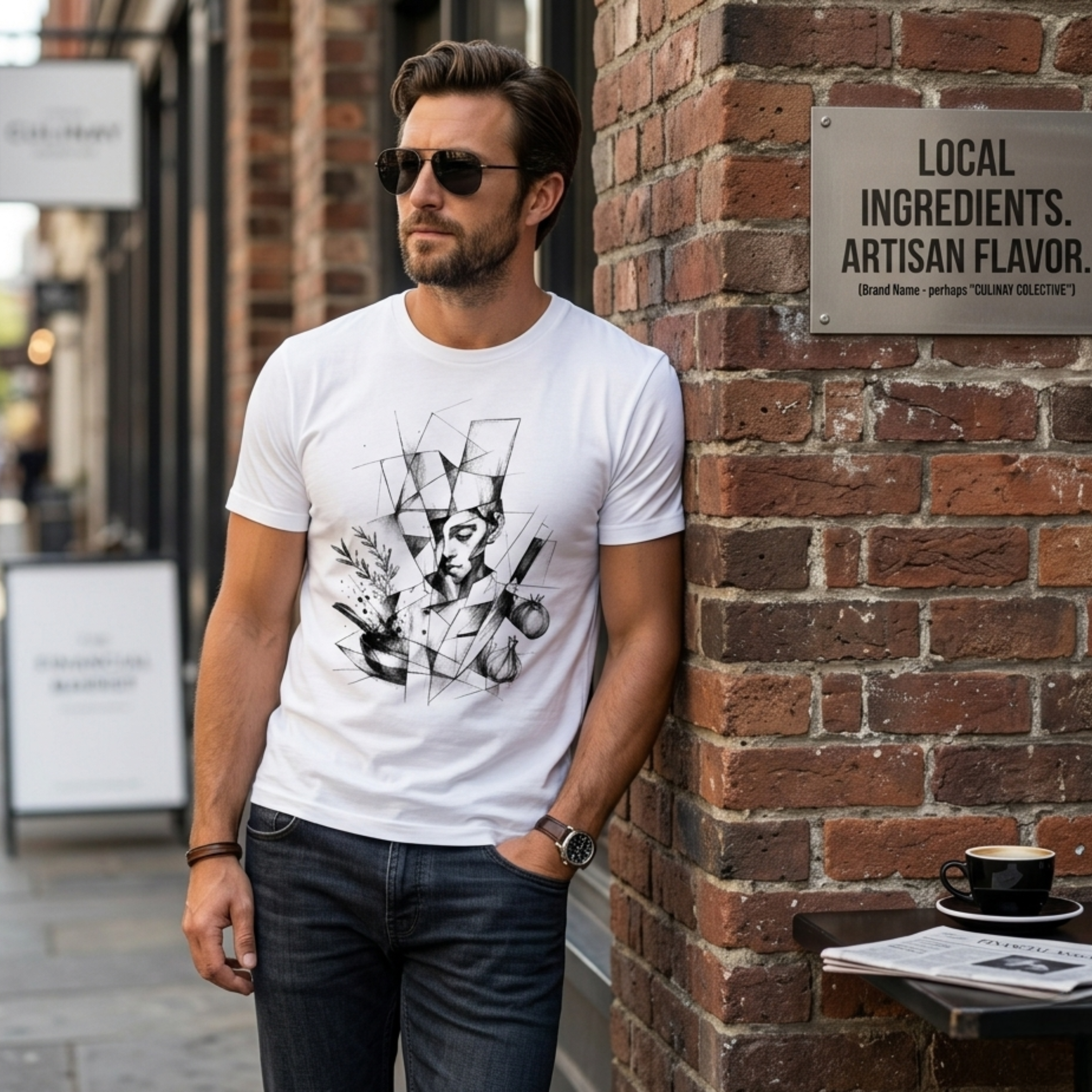 Man wearing a white t-shirt with black geometric art of a chef with knife and ingredients leaning against a brick city wall.