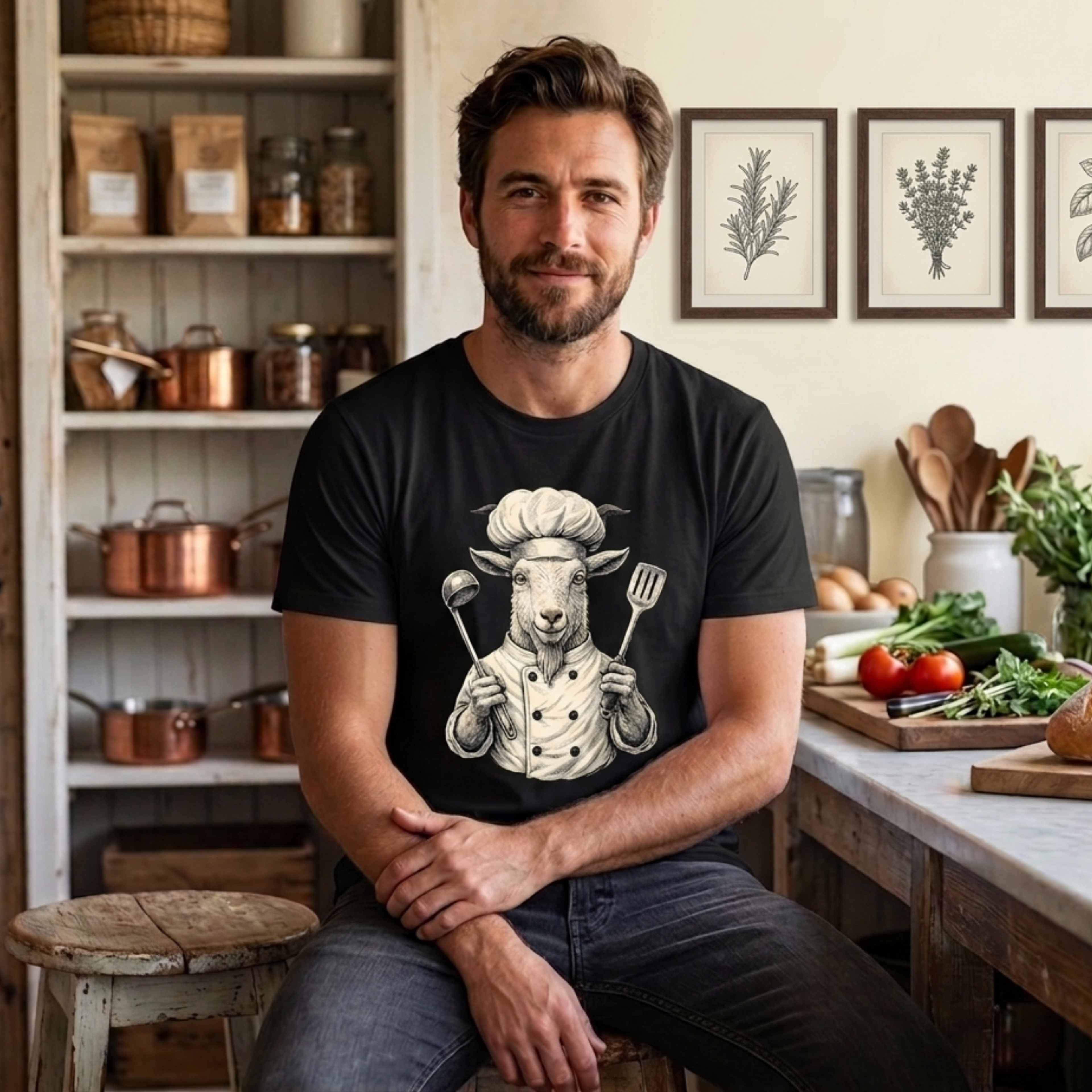 Man wearing a black t-shirt with a chef goat graphic in a kitchen setting