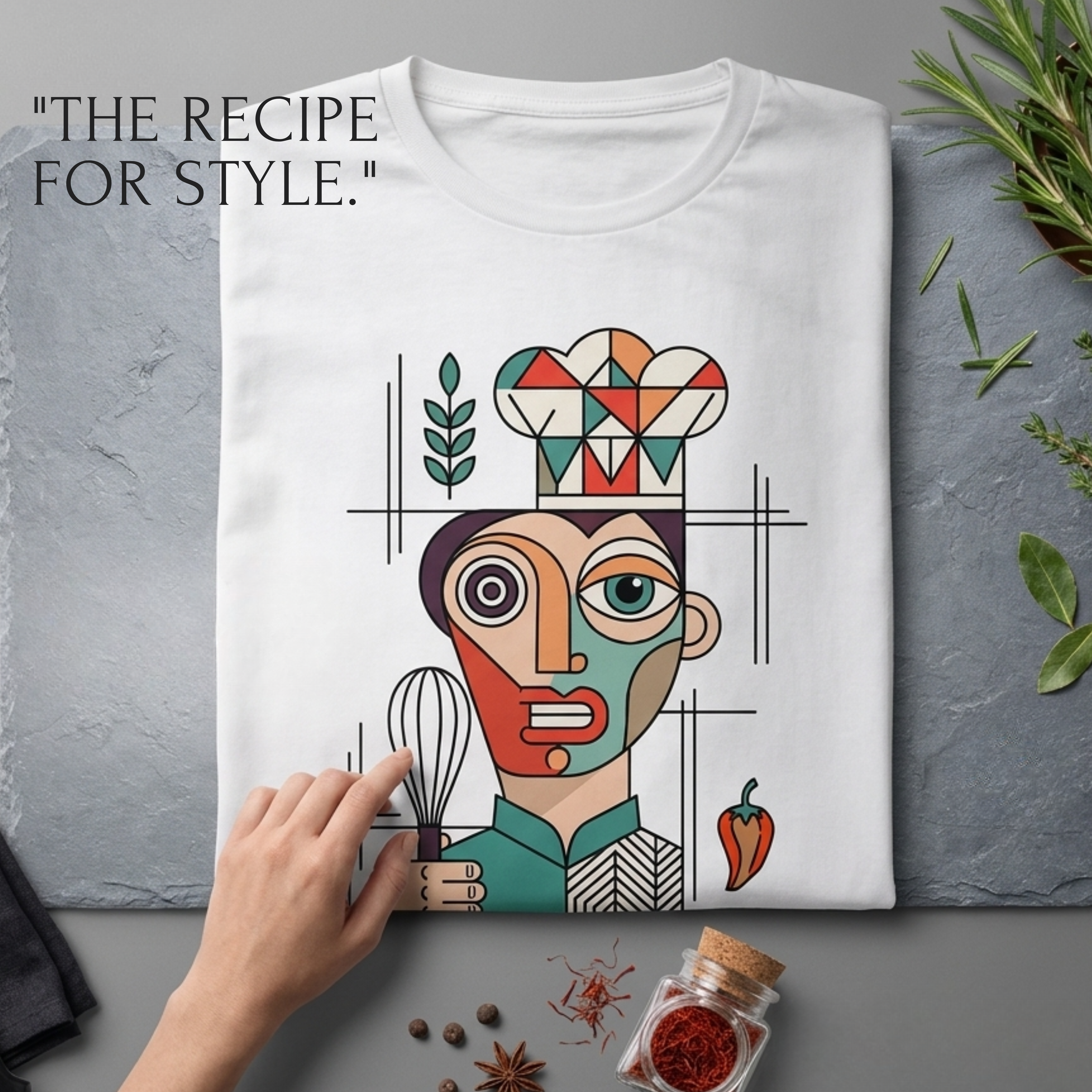 White t-shirt with colorful chef graphic and text 'The Recipe for Style' on a gray surface.