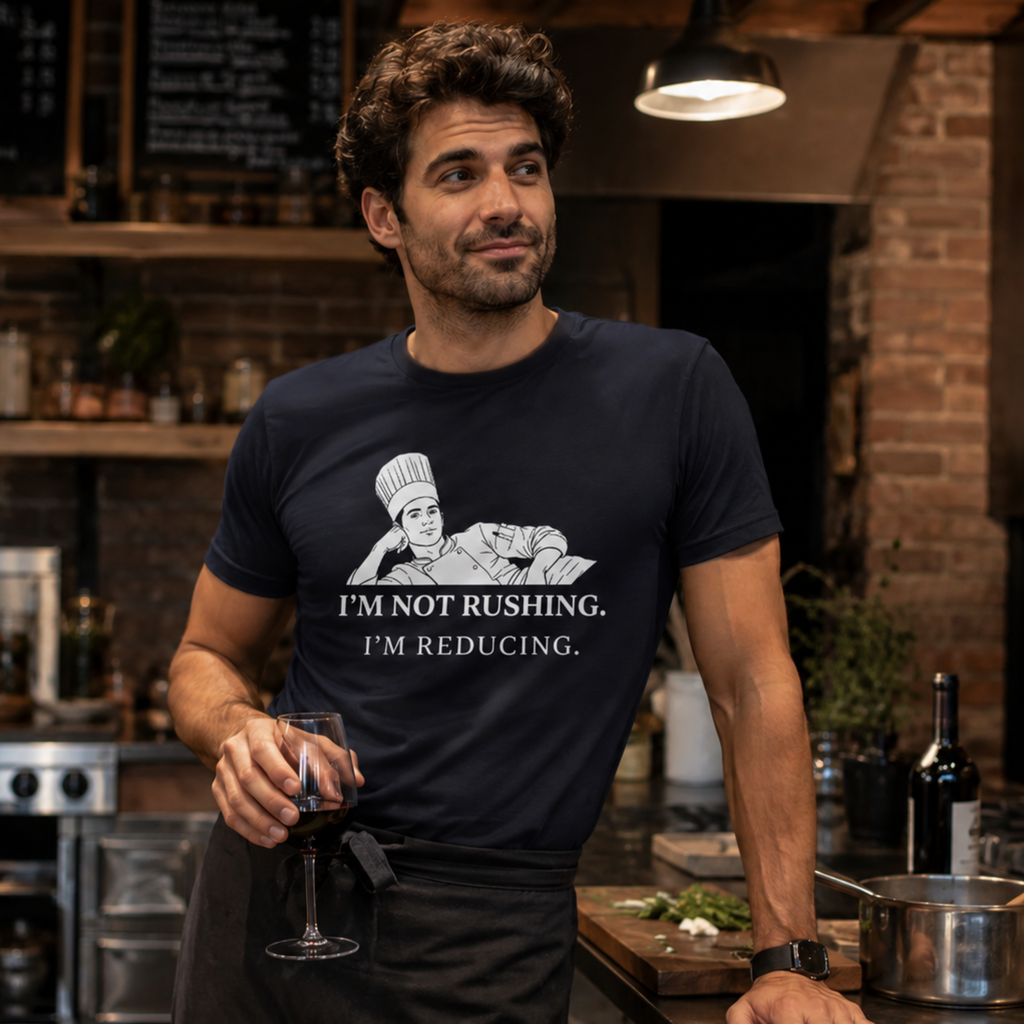 Man in a kitchen wearing a t-shirt with a humorous graphic and text "I'm Not Rushing. I'm Reducing.".