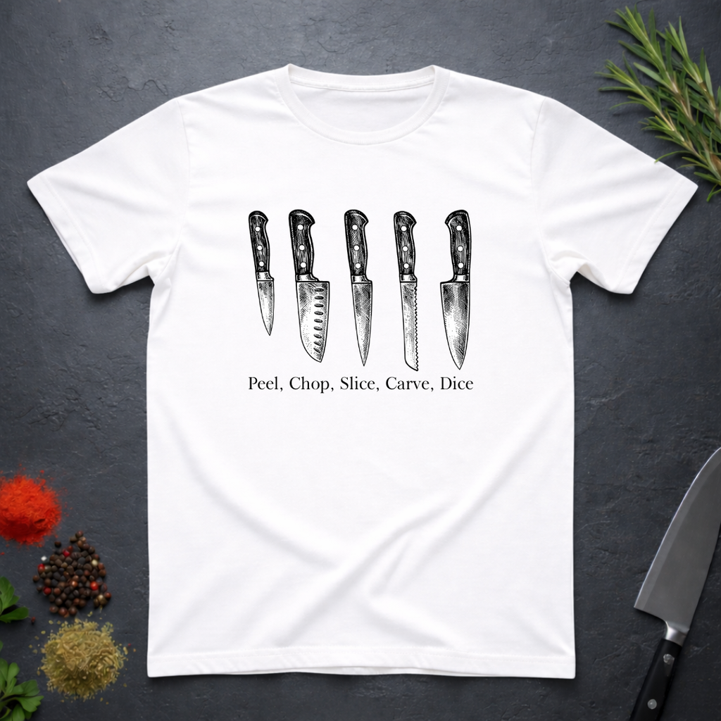 White t-shirt with knife graphic and text 'Peel, Chop, Slice, Carve, Dice' on a dark surface with kitchen items.