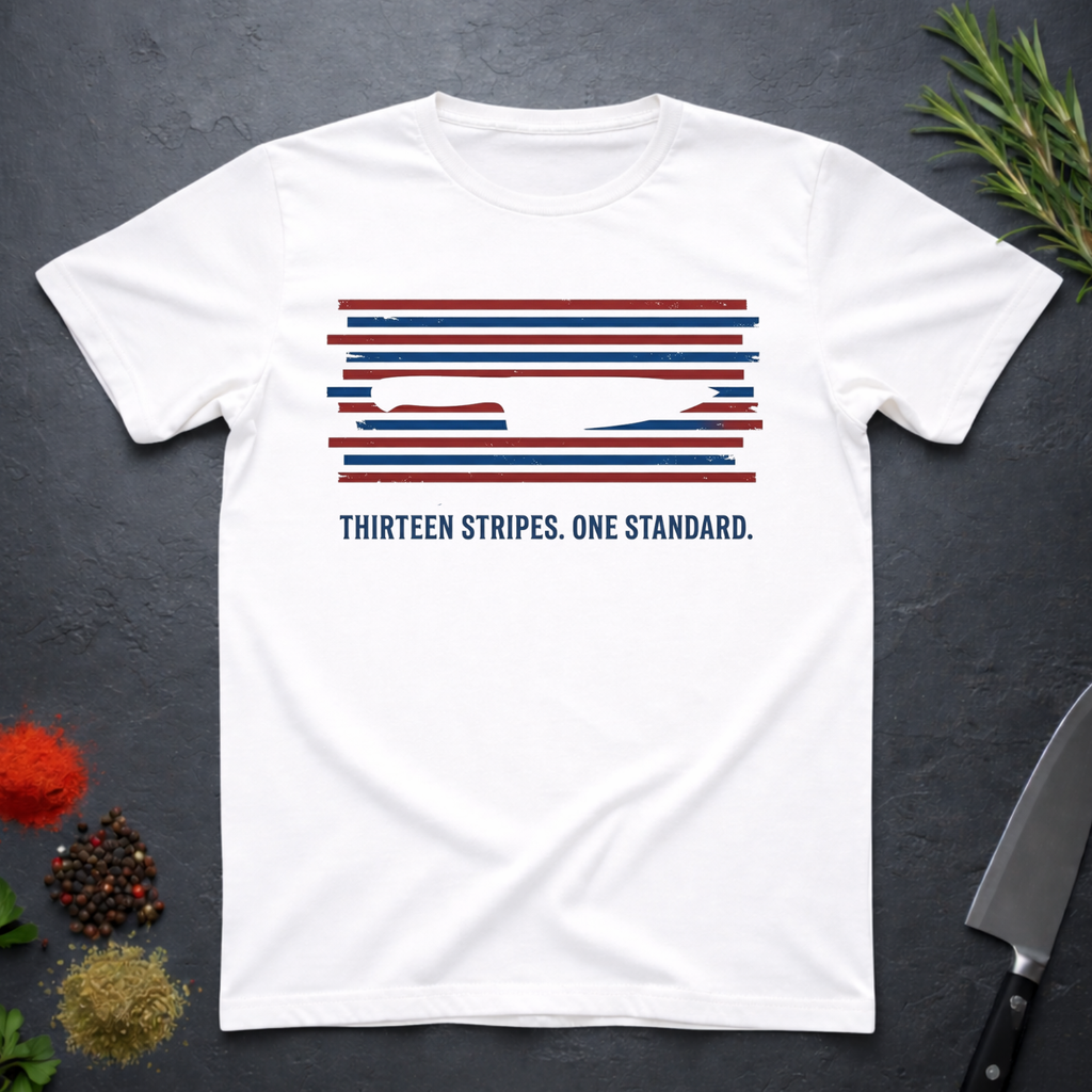 White t-shirt with 13 red, white, and blue stripes with a cut out (negative space) image of a chef's knife and text "THIRTEEN STRIPES. ONE STANDARD." on a dark surface.