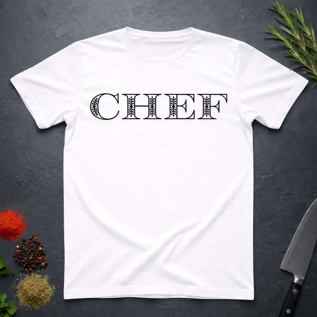 White t-shirt with 'CHEF' printed in a decorative serif text on a dark surface with kitchen items.