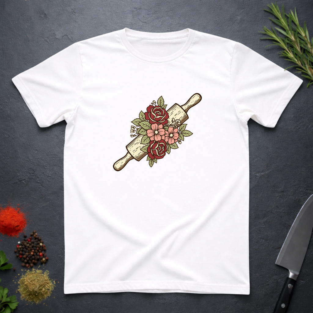 White t-shirt with a rolling pin and floral design on a dark surface.