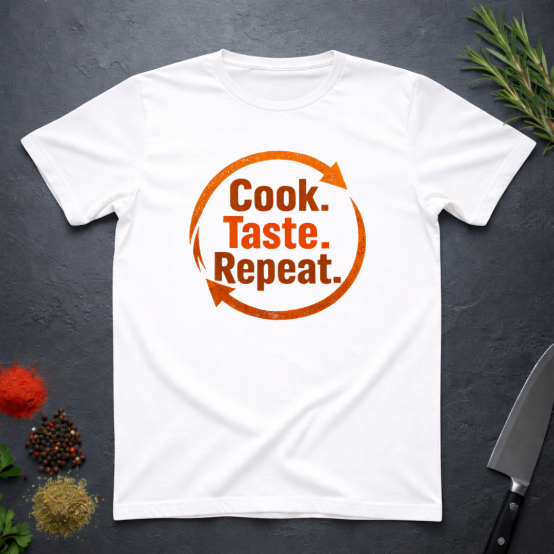 White t-shirt with bold text 'Cook. Taste. Repeat.' text inside of a large repeat symbol on a dark surface.