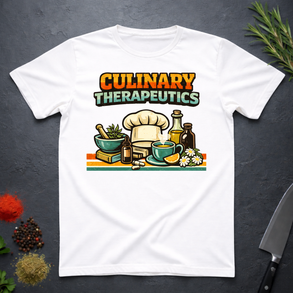 White t-shirt with 'Culinary Therapeutics' graphic on a dark surface with kitchen items.