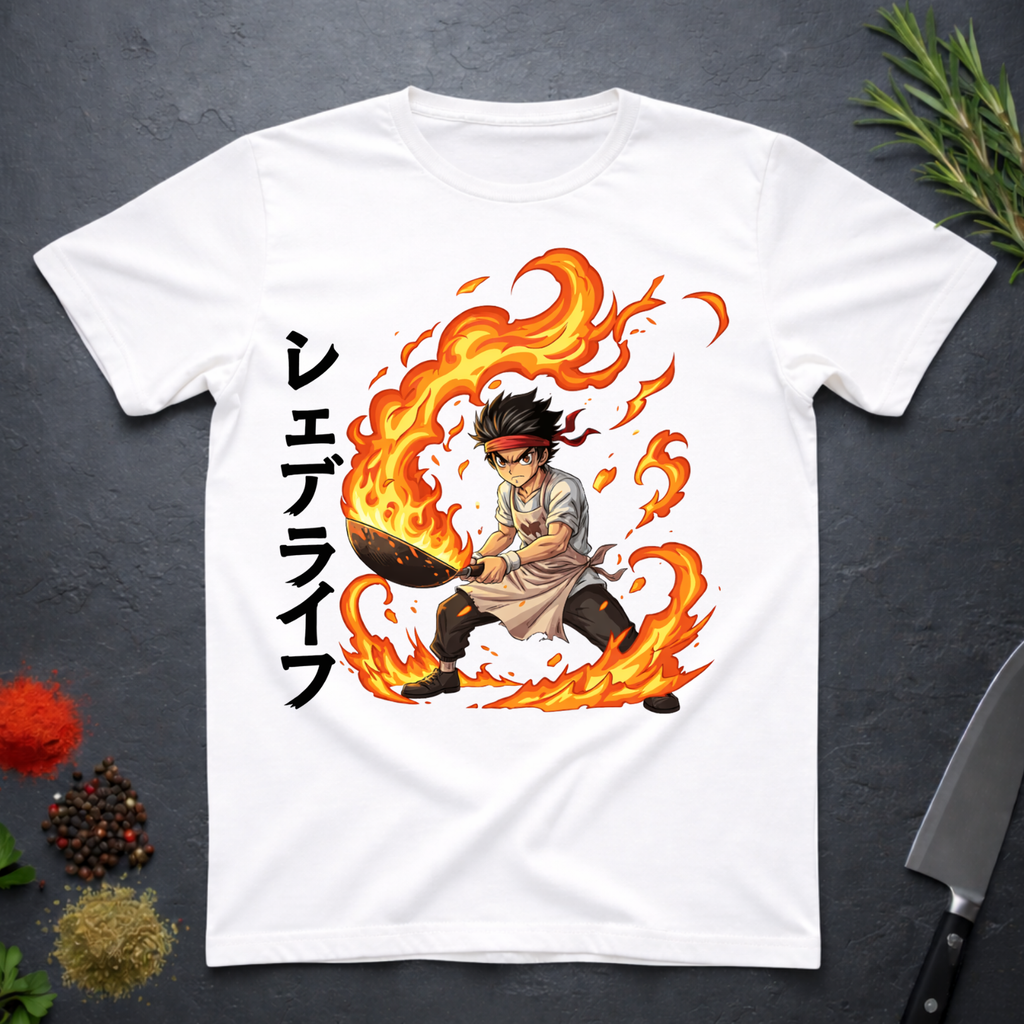 White t-shirt with a graphic design of an anime character holding wok in flames with Japanese characters on a dark surface.