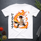 White t-shirt with a graphic design of an anime character holding wok in flames with Japanese characters on a dark surface.