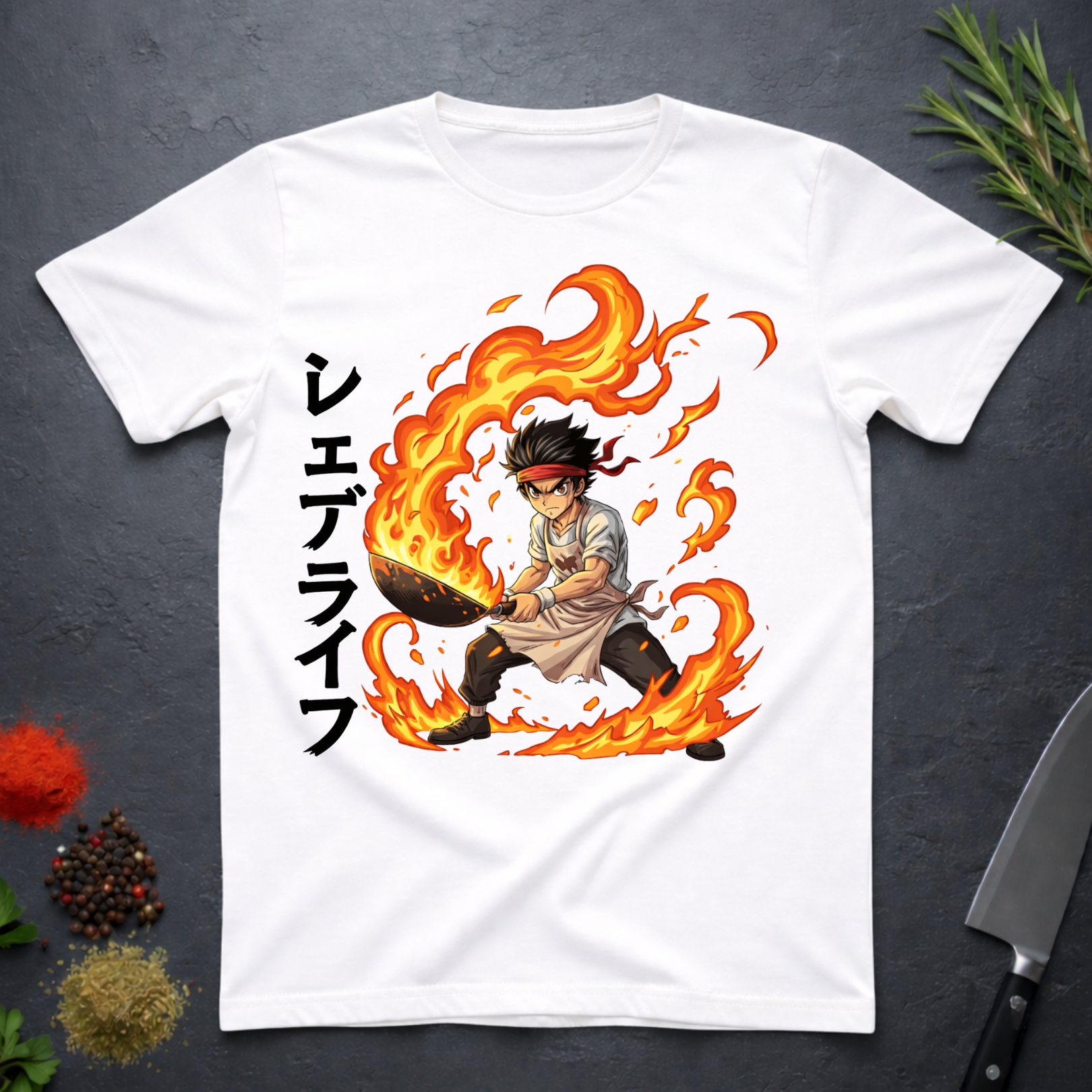 White t-shirt with a graphic design of an anime character holding wok in flames with Japanese characters on a dark surface.