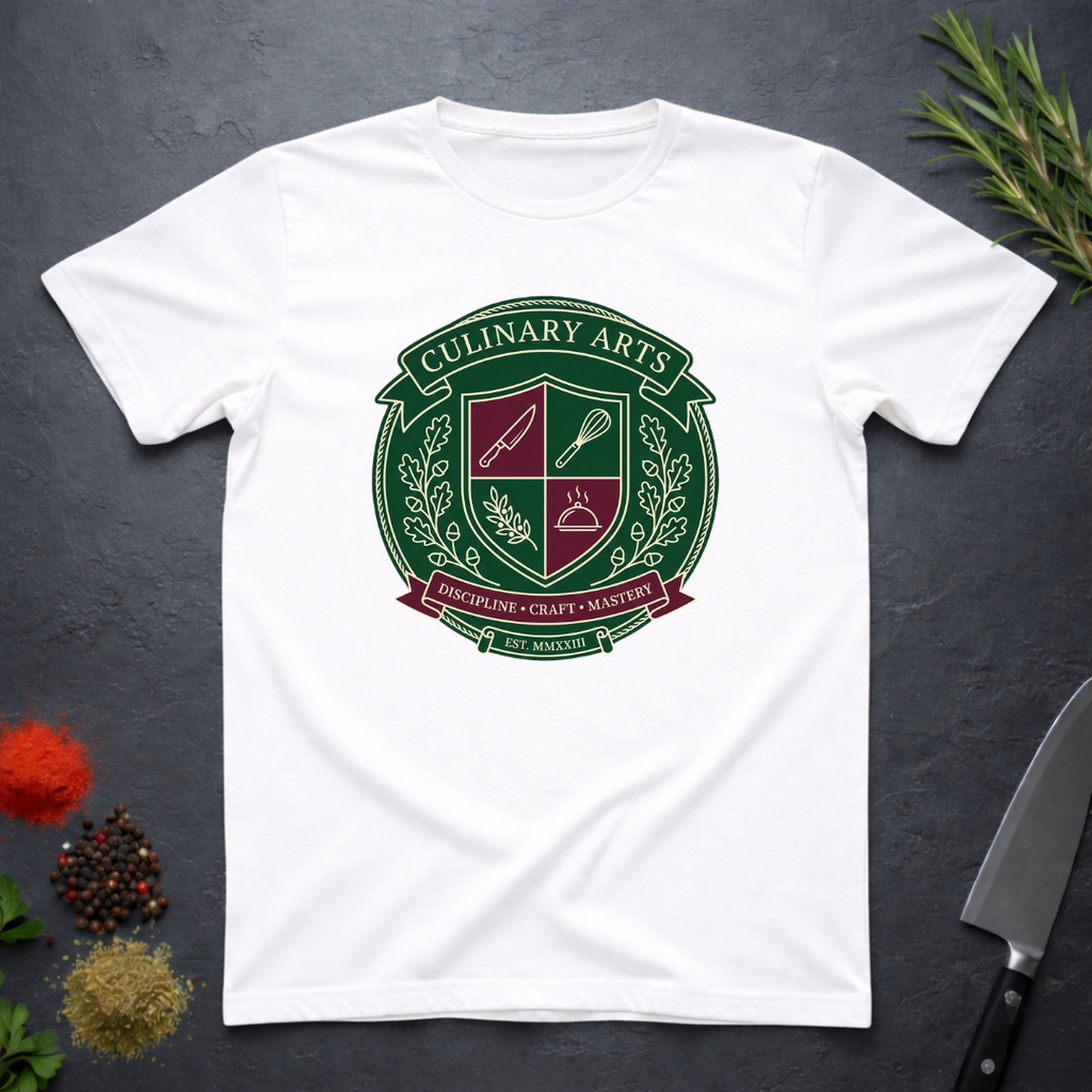 White t-shirt with a 'Culinary Arts' badge graphic on a dark surface with kitchen items.