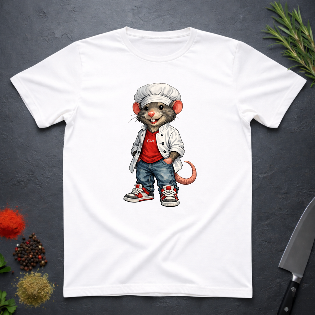 White t-shirt with a cartoon chef mouse design on a dark surface