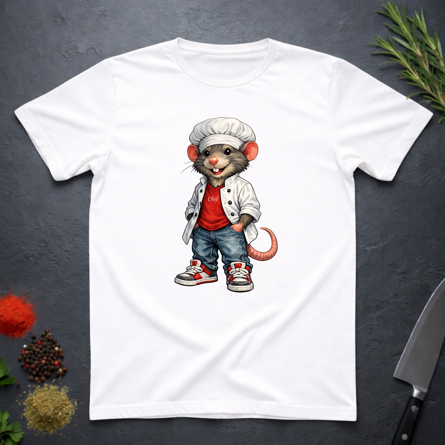 White t-shirt with a cartoon chef mouse design on a dark surface