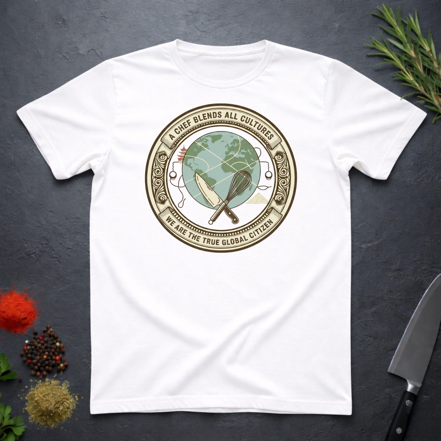 white t-shirt with circular graphic of a globe and text "A Chef Blends All Cultures" on a dark surface.