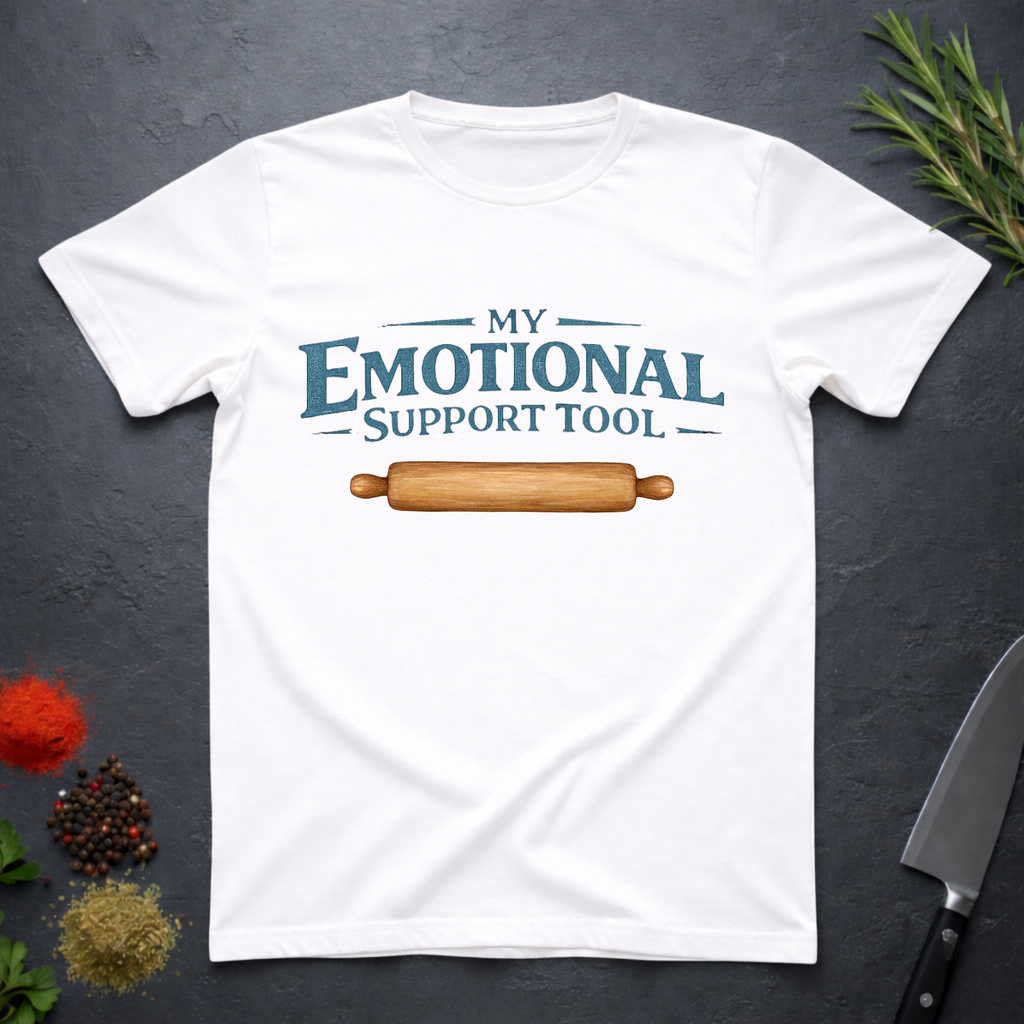 White t-shirt with 'My Emotional Support Tool' text and rolling pin graphic on a dark surface.