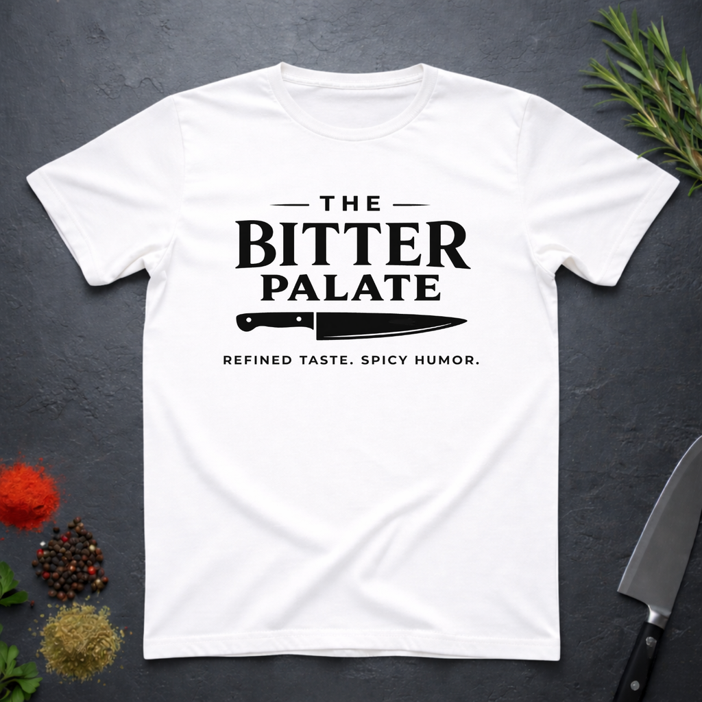 White t-shirt with 'The Bitter Palate' logo on a dark surface with kitchen items.
