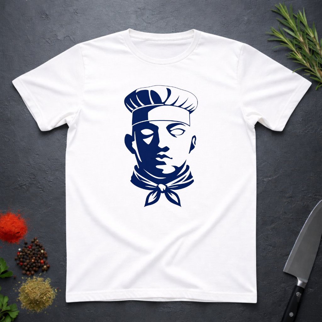 White t-shirt with dark blue graphic chef face design on a dark surface with kitchen items.