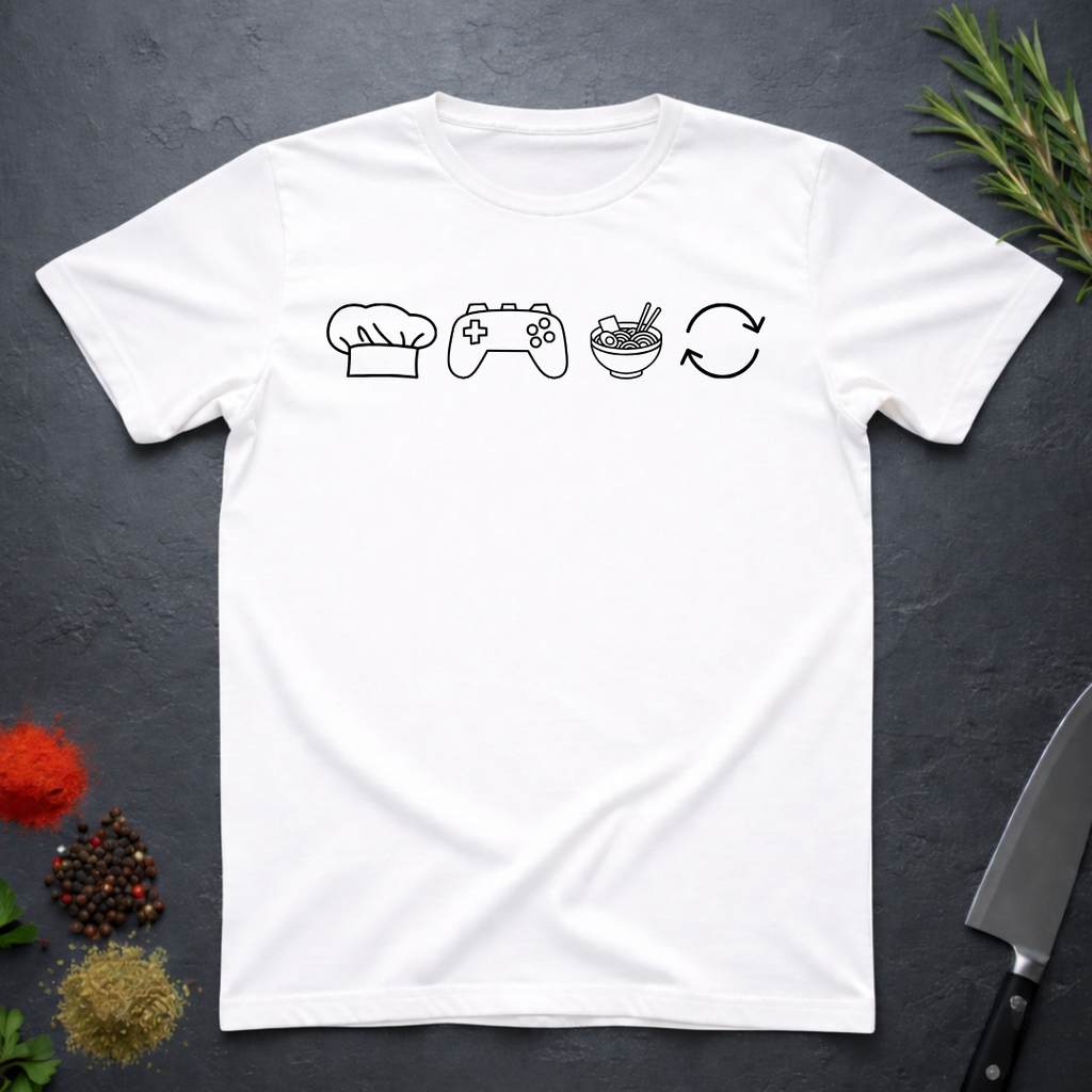 White t-shirt with black icons of chef hat, game remote, ramen bowl and repeat symbol on a dark surface.