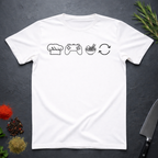 White t-shirt with black icons of chef hat, game remote, ramen bowl and repeat symbol on a dark surface.