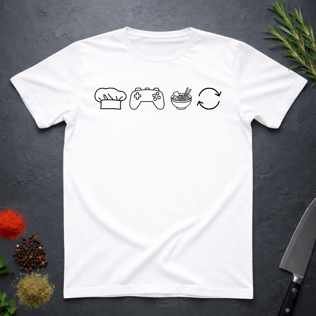White t-shirt with black icons of chef hat, game remote, ramen bowl and repeat symbol on a dark surface.