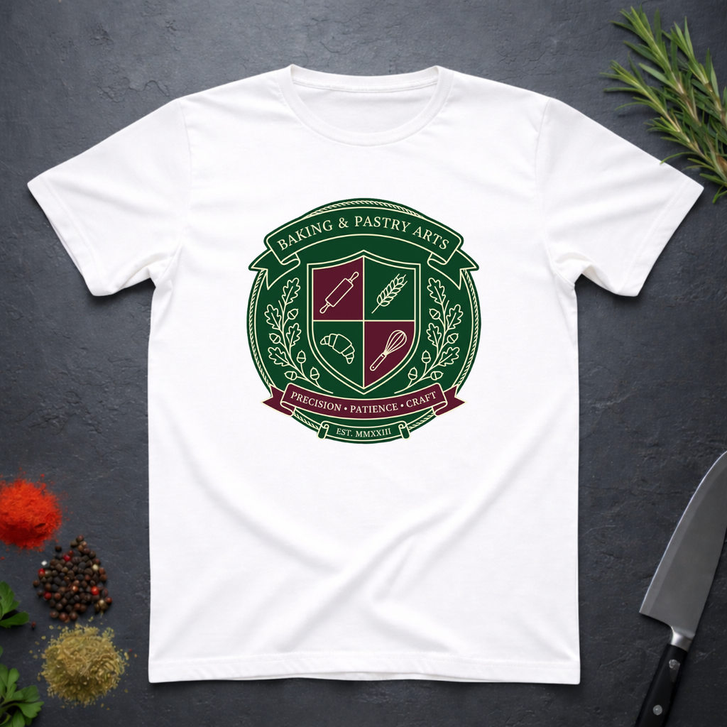White t-shirt with a crest design for baking and pastry arts on a dark surface with kitchen items.