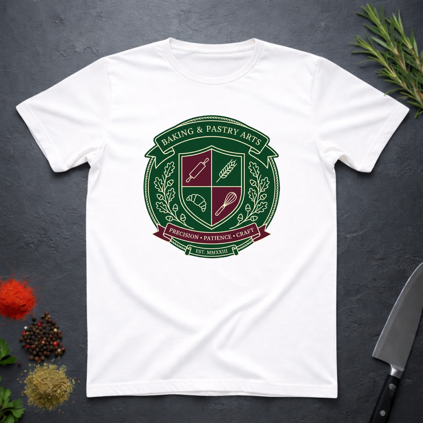 White t-shirt with a crest design for baking and pastry arts on a dark surface with kitchen items.