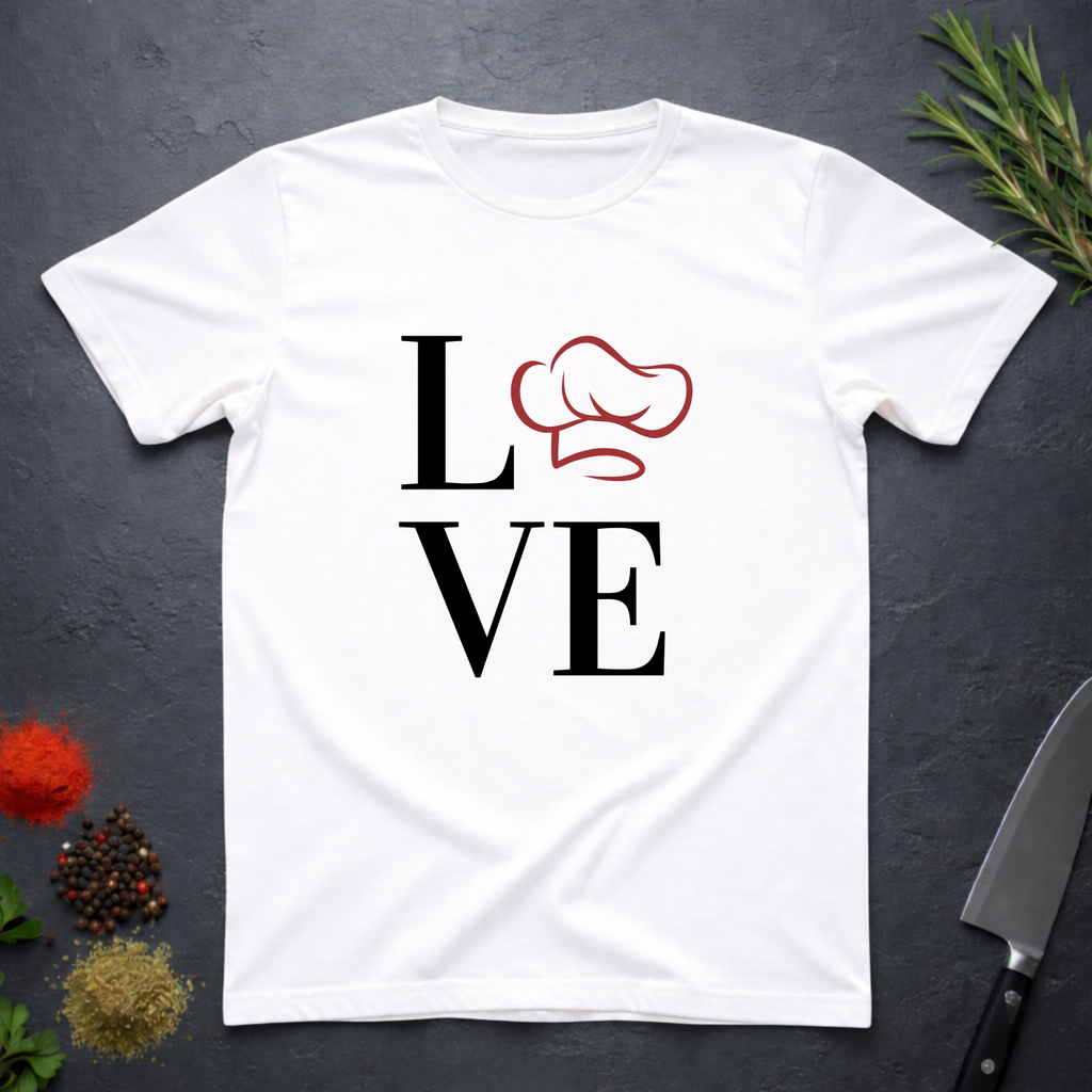 White t-shirt with 'LOVE' design featuring a chef's hat as the letter O on a dark surface.