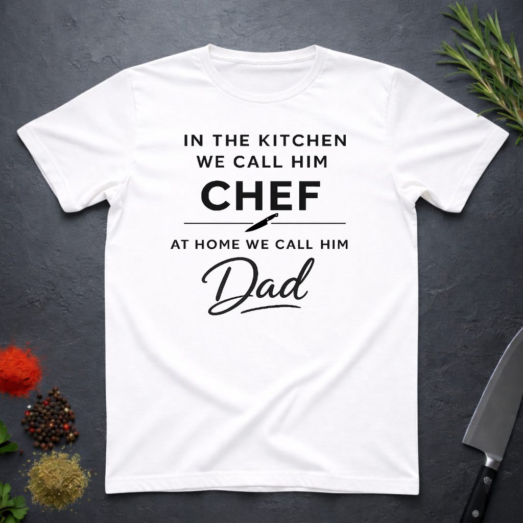 White t-shirt for Father's with text "In the kitchen we call him Chef - At home we call him Dad" on a dark surface.