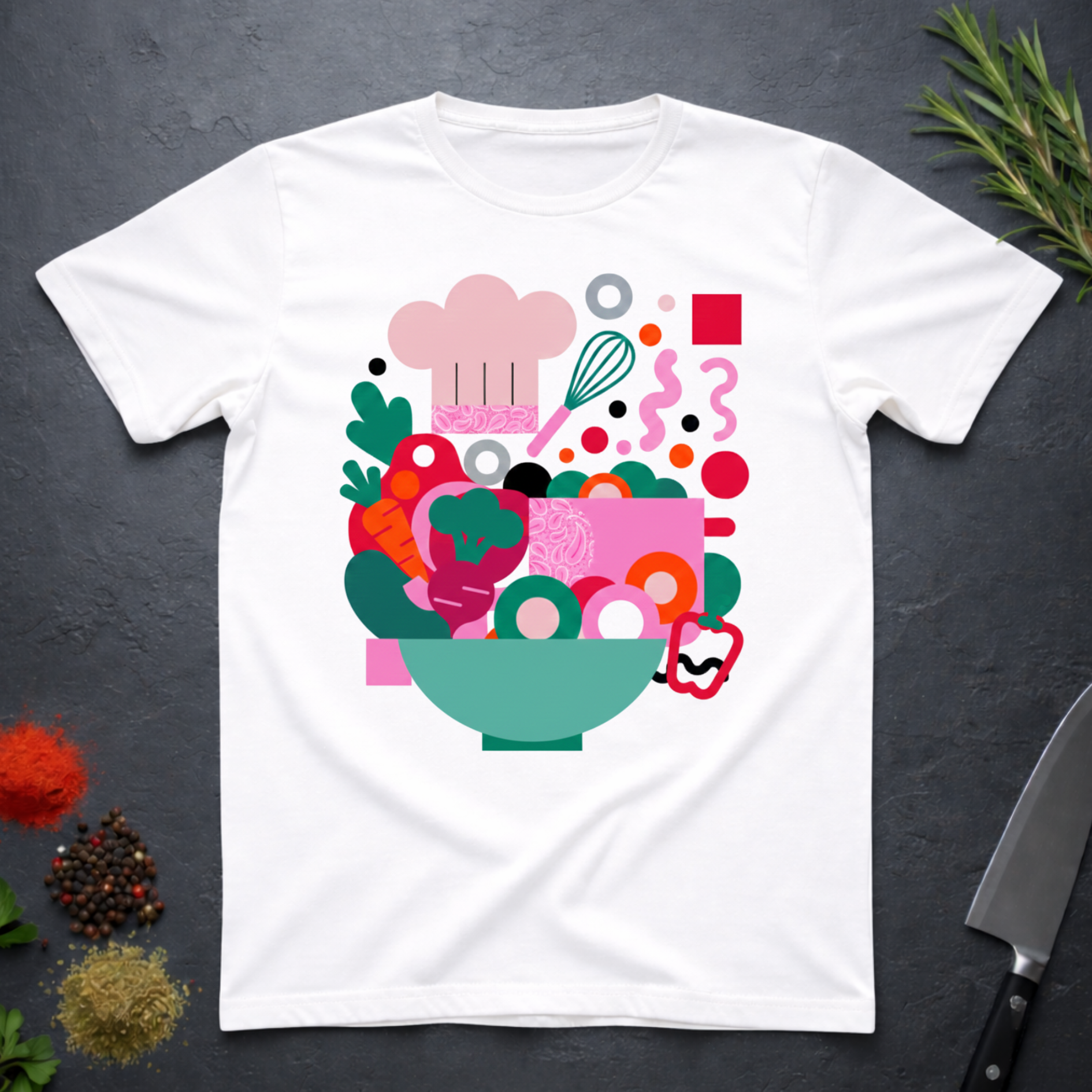 White t-shirt with colorful modern abstract kitchen-themed graphic on a dark surface.