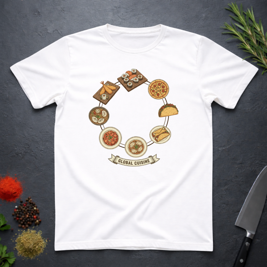 White t-shirt with circular 'Global Cuisine' graphic design on a dark surface.