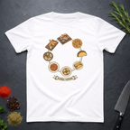 White t-shirt with circular 'Global Cuisine' graphic design on a dark surface.