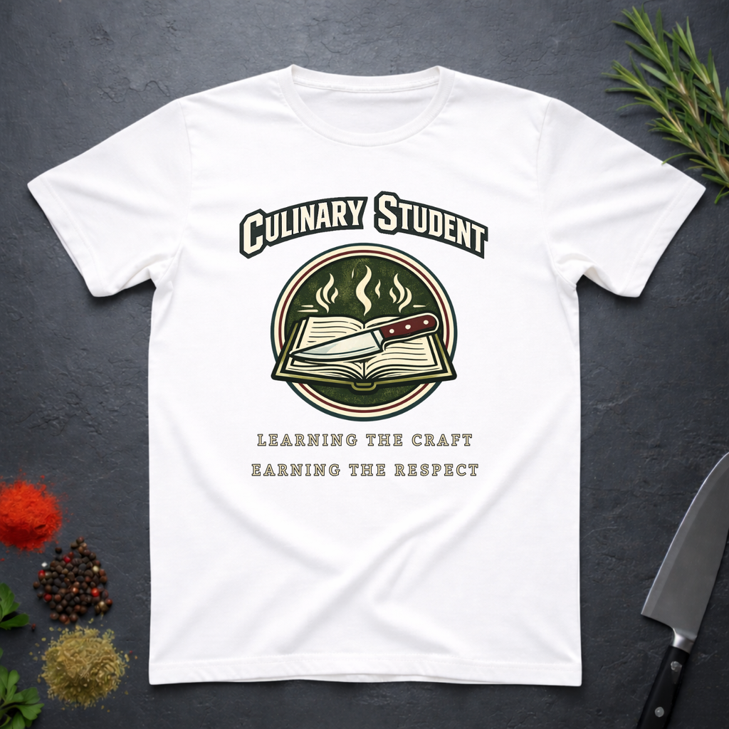 White t-shirt with 'Culinary Student' design on a dark surface with kitchen items.